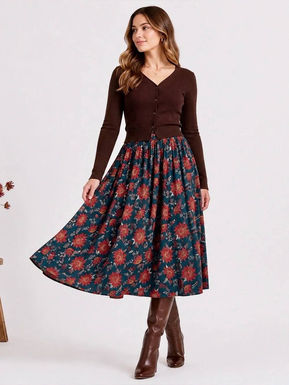 Dark Floral Full Midi Skirt Soft Pleated Elastic Waist Fall Teal Rust XL